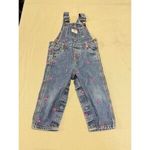 OshKosh B'Gosh Denim Jean Overalls Embroidered Hearts Pink Valentine Size 18 Mth